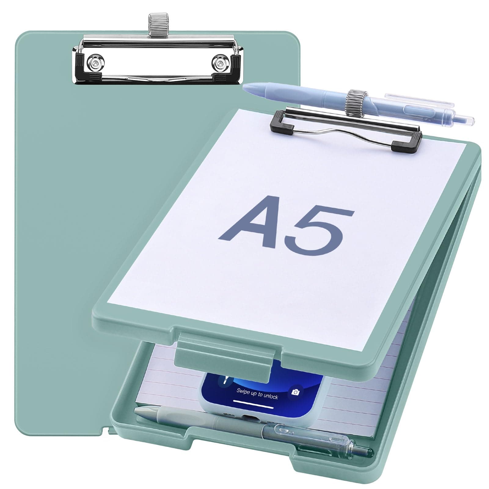 Meiikun Small Clipboard with Storage, A5 Clipboards with Pen Holder, Half Letter Clip Boards 6x9 Mini Plastic Clipboard with Low Profile Clip for Classroom, School, Office Supplies (Grey Green)