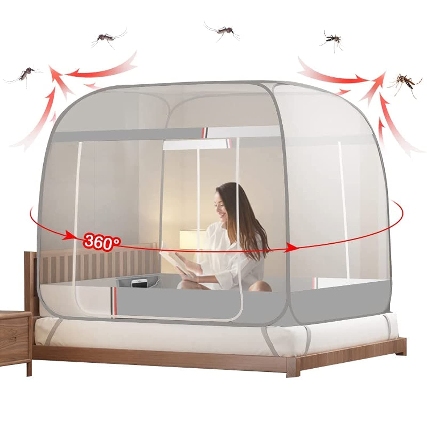 Pop-Up Mosquito Net for Beds, Portable Folding Mosquito Netting, Double Door Travel Insect Repeller Tents with Base, Free Installation Bed Tent, Crib Yurt Canopy Nets for Baby Adult Bedroom Camping