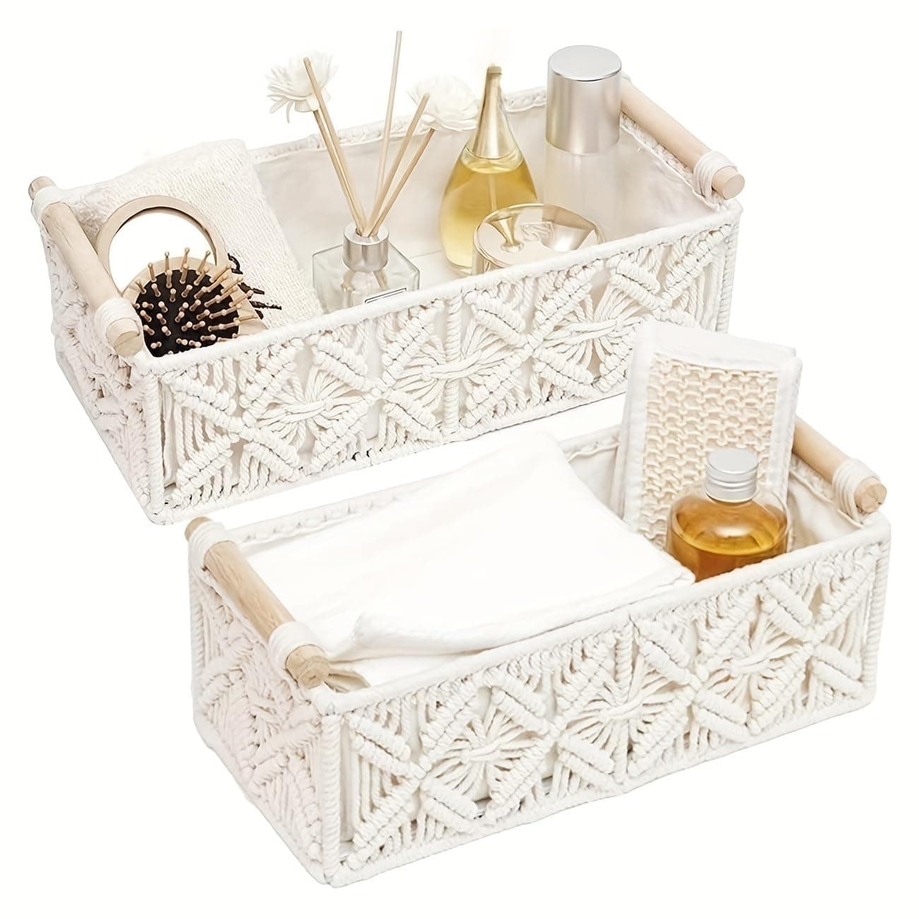 Homell Macrame Home Decorative Storage Shelf Basket set - Handmade - Woven Jewelry Perfume Makeup Organizer And Storage For Vanity, Dresser, Countertop, Bedroom, Livingroom, Toilet Organization