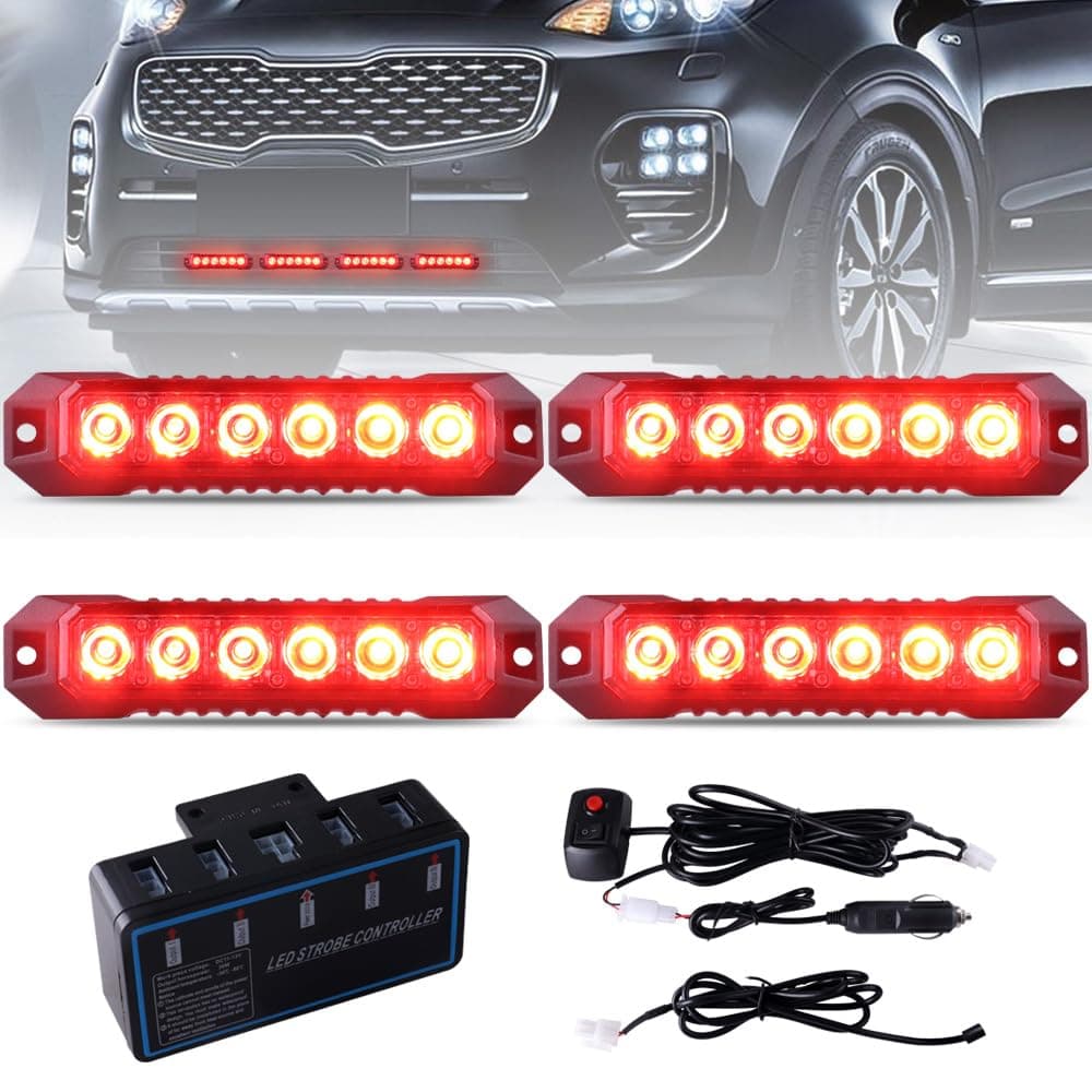 6 LED Grille Emergency Flashing Strobe Red Lights Warning for 12-24V Cars Trucks Vehicle SUV Van Caution Hazard Construction