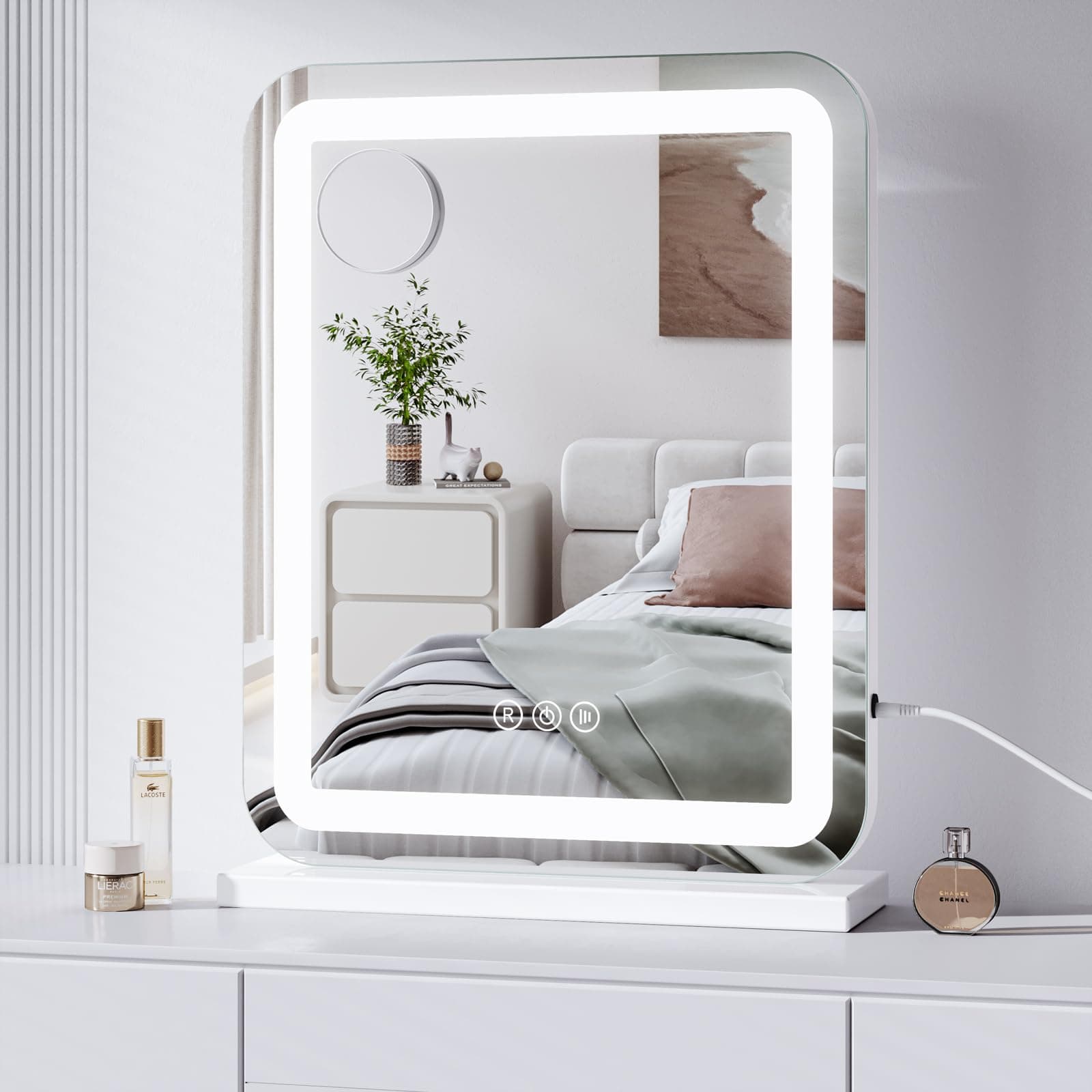 Dripex Hollywood Vanity Mirror with Light, 40 x 50 cm LED Hollywood Mirror with 3 Color Modes Dimmable Strip Light, Detachable 5X Mirror, Dressing Table or Wall-Mounted Vanity Mirror for Bedroom