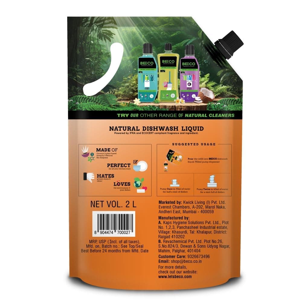 Beco Natural Dishwasher Liquid Refill | 2L Pack | Anti-Bacterial Formula | Orange Citrus Freshness | Ecofriendly Dish Washing Liquid Gel | Tough Grease Removal | Leaves No Residue on Utensils