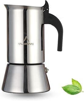 Atlasware Stainless Steel Mocha Design Coffee Maker | Induction, Gas, Hot Plate Compatible | Compact BPA Free Espresso Filter Coffee Black Tea Pot Percolator for Home, Kitchen, Travel (Silver, 4 Cup)