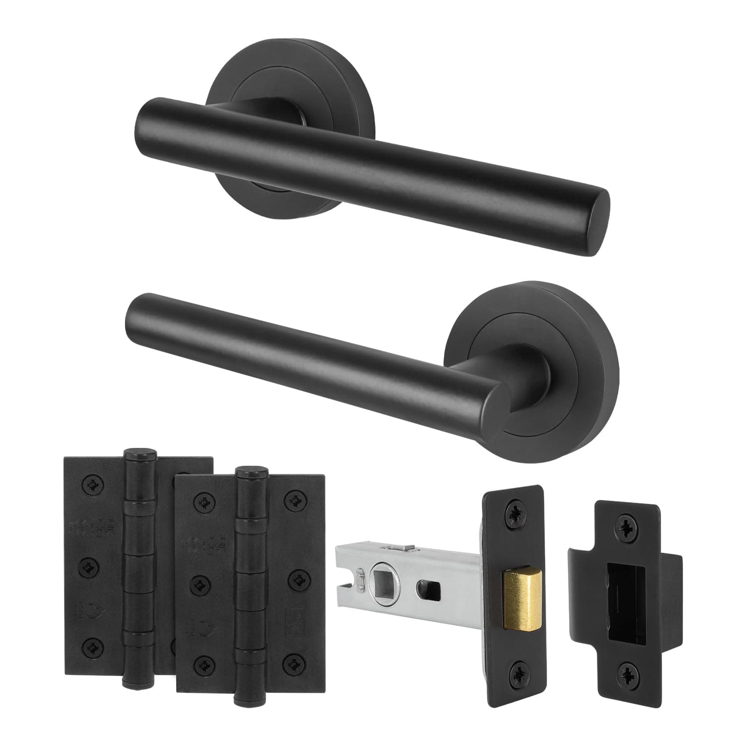 EAI Matt Black Door Handle Latch Set, 1 Pair Internal T-Bar Round Rose Handles, Latch 64mm Hinges 76mm - Oliena