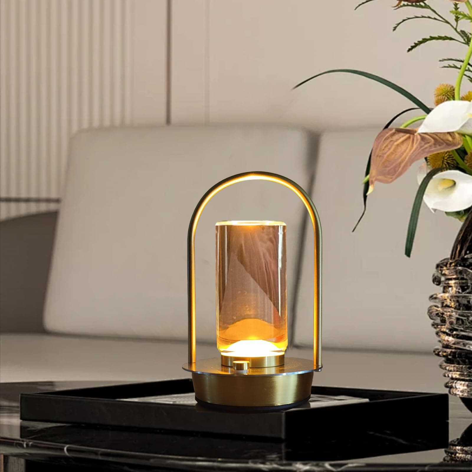 Modern Acrylic LED Table Lamp with Arched Metal Frame-Knob Control,Crystal Lantern Light,Tri-Color Light Options, Energy-Efficient,Ideal for Bedroom,Living Room,Office.(Gold)