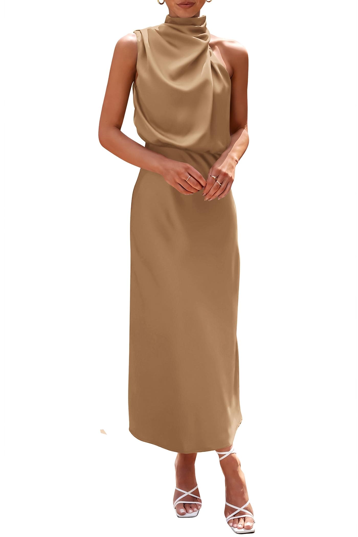 PRETTYGARDEN Women's 2026 Summer Satin Dress Elegant Sleeveless Mock Neck Cocktail Party Maxi Dresses