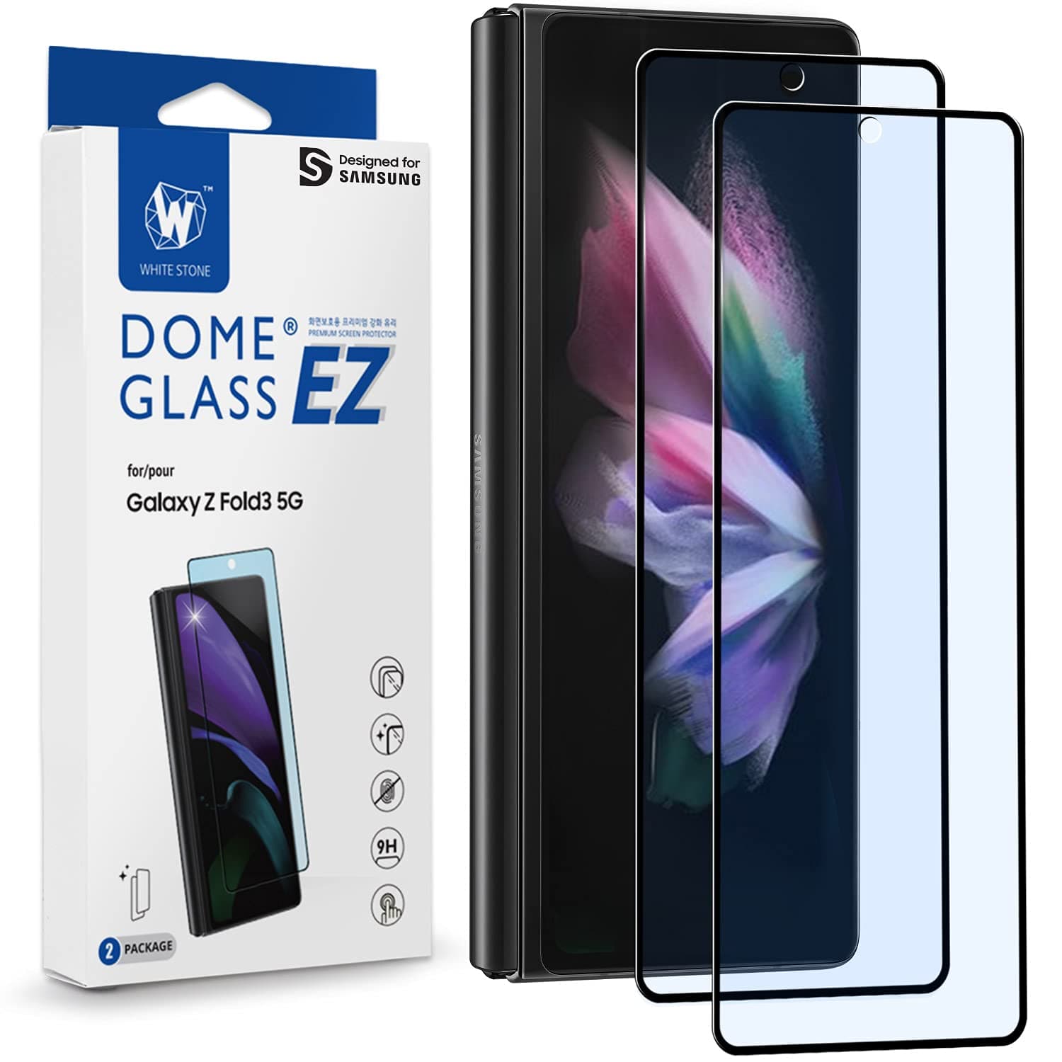 DOME GLASS Whitestone EZ Galaxy Z Fold 3 Screen Protector Full Coverage Tempered Shield - Pack of 2