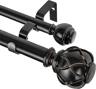 KAMANINA 1 Inch Double Curtain Rods for Windows 36 to 72 Inches (3-6 Feet), Black Heavy Duty Double Curtain Rod, Telescoping Drapery Rod with Netted Texture Finials