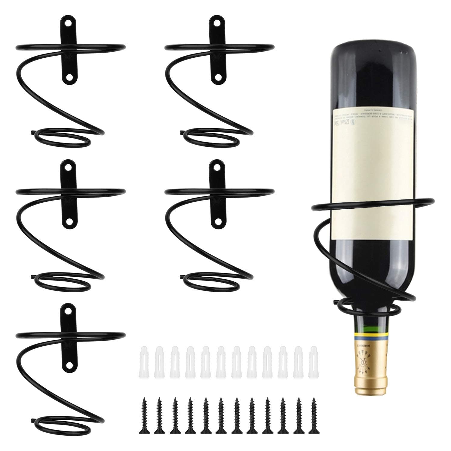 6 Pcs Spiral Wine Wall Holder, Wall Mounted Wine Rack, Metal Wine Bottle Display Holder for Wine Storage Wall Wine Theme Decor (Downward Style) Black