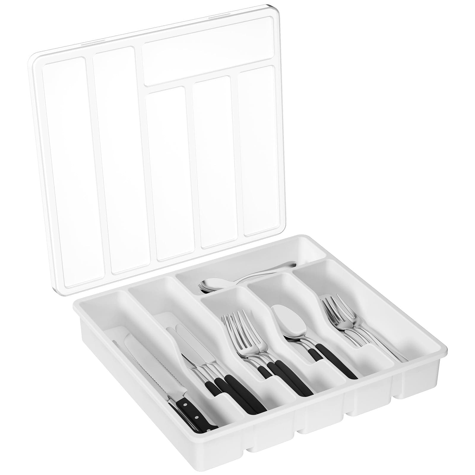 Lifewit Silverware Organizer with Lid, Covered Utensil Tray for Kitchen Drawer and Countertop, Plastic Cutlery and Flatware Storage Box for Spoons Forks Knives Holder Case, 12.6x11.8", White