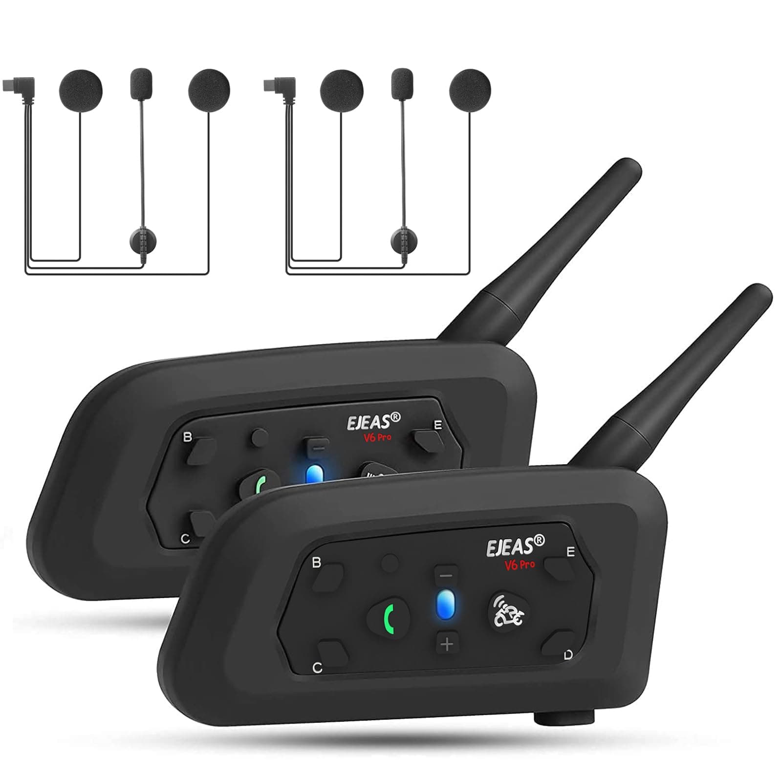 EJEAS V6 Pro+ Upgraded Motorcycle Helmet Intercom Communication System, Bluetooth 5.1 Motorcycle Helmet Intercom System, Type C Interface, Can Connect to EUC Handle (Excluded) (2 Pack)