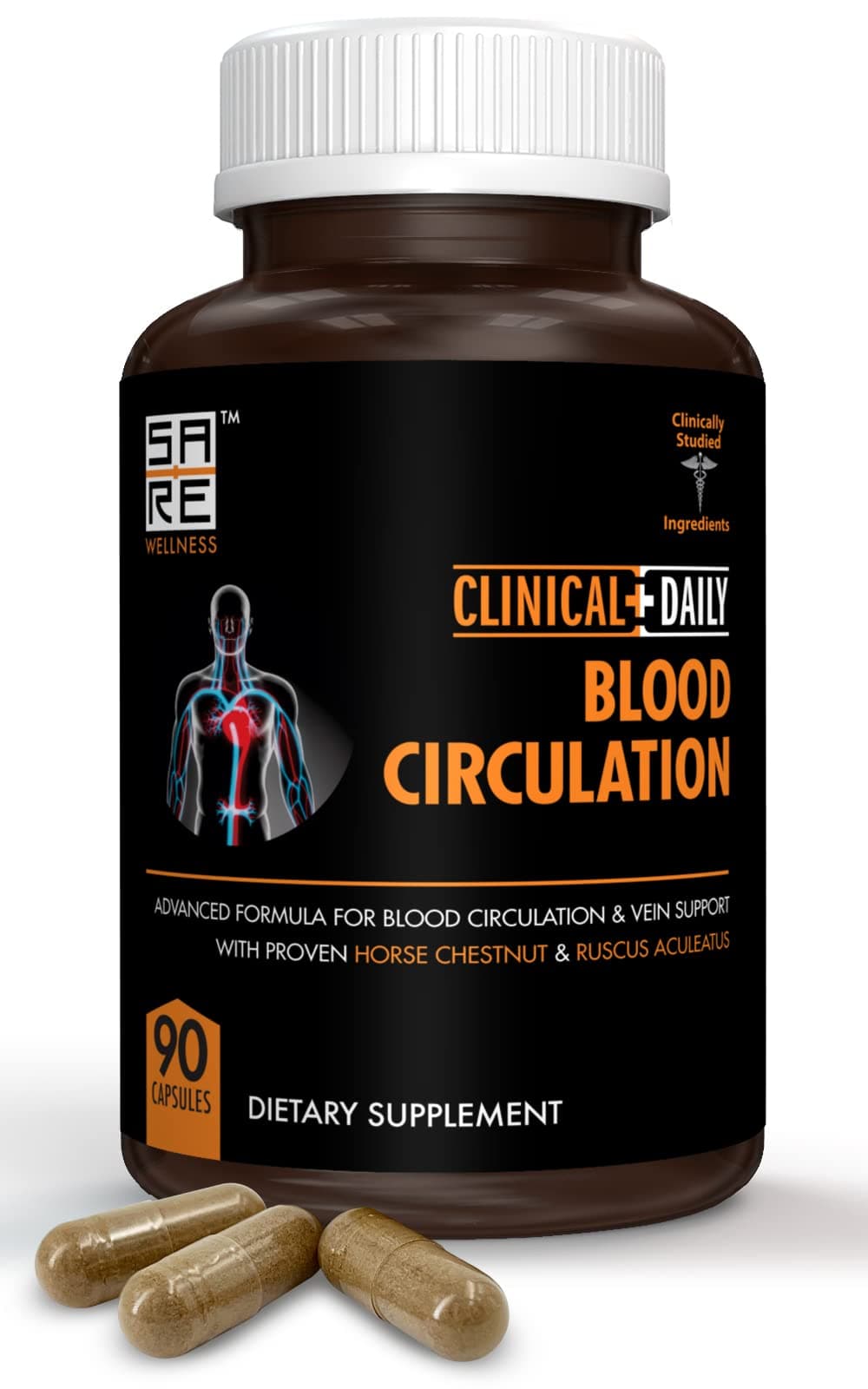 Clinical Daily Blood Circulation Supplement. Butchers Broom, Horse Chestnut, Cayenne, L-Arginine, Diosmin. Herbal Varicose Vein Treatment. Poor Circulation and Vein Support. 90 Capsules