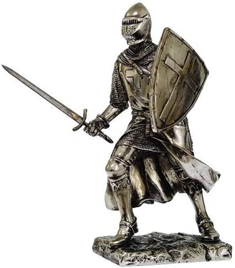 Crusader Knight Statue Silver Finishing Cold Cast Resin Statue 7" (8714)