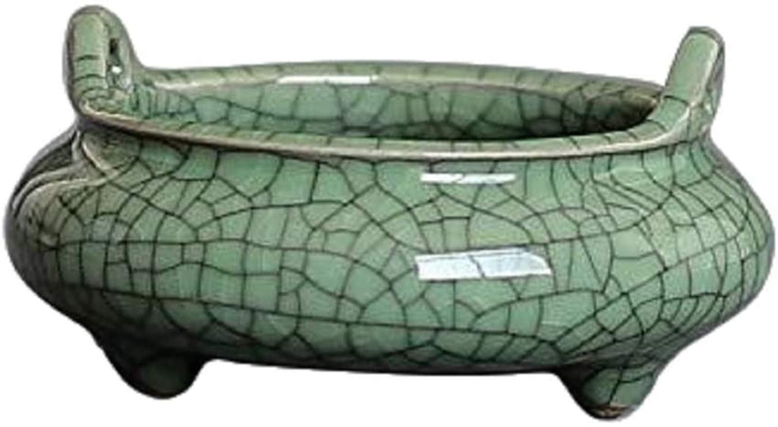 PHILOGOD Ceramic craftmanship Incense Burner Holders for Sticks, Cone, Coil Incense, 3.15 Inch and 2 Ears Censer (Green-1-black line) (green-1-black line)