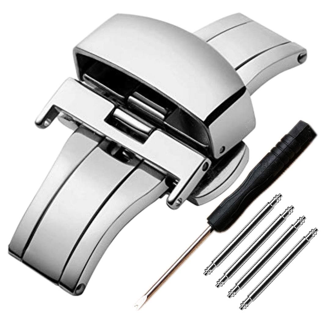 バタフライウォッチデプロイメントクラスプ デプロイアントウォッチバックル交換用 レザーウォッチバンドストラップ, シルバー, 20mm, モダン