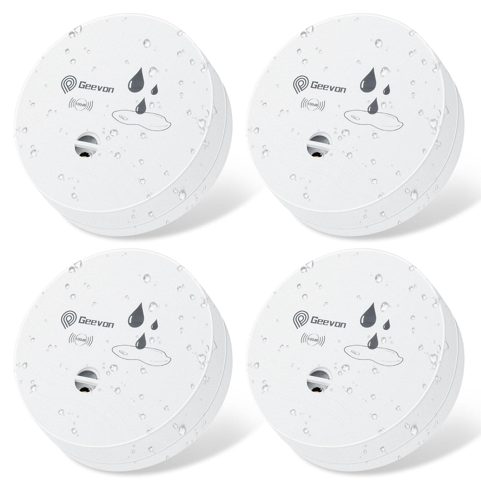 Geevon 4 Pack Water Leak Detectors, 100dB Water Sensor Alarms Flood Detector for Basements, Bathrooms, Laundry Rooms, Kitchens, Garages, and Attics, Water Alarms Battery-Operated (Battery Included)