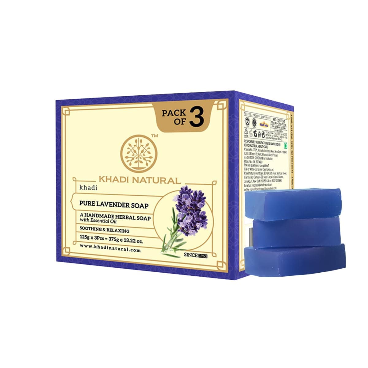 Lavender Soap | Bathing Bar with Essential Oils | Gently Cleanses, Helps Relieve Stress | For Healthy, Soft Skin | Suitable for All Skin Types | Pack of 3 (125g x 3) | 375g