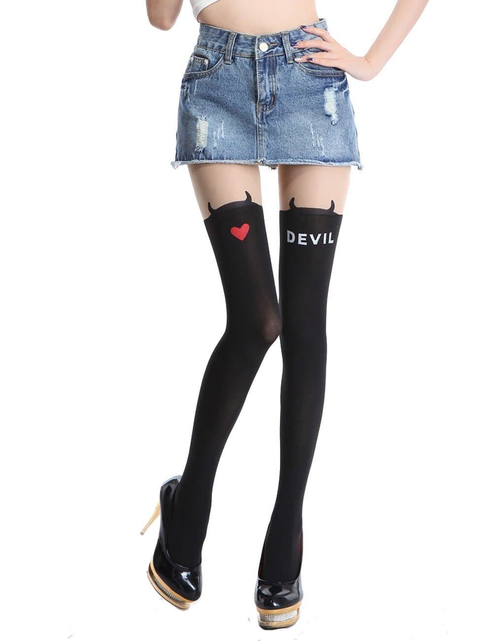 Women's Cute Pattern Faux Thigh High Pantyhose (Devil)