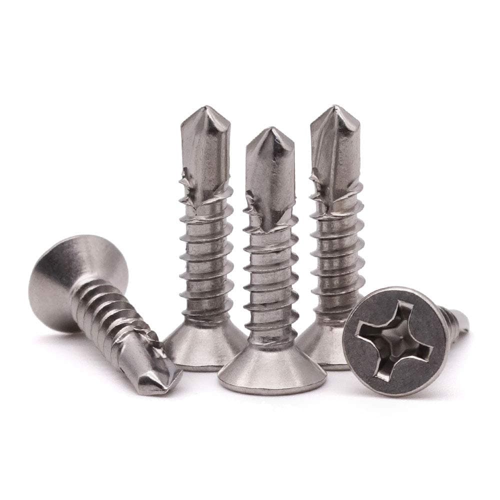 #6 x 1 Phillips Flat Head Sheet Metal Screws, Stainless Steel 410 Self Drilling Screws for Metal, Countersunk Head, Phillips Drive, Self Tapping, 100 Pack