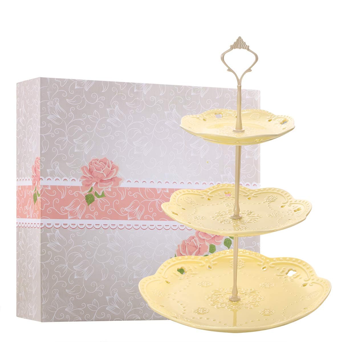 3-Tier Ceramic Cupcake Stand - Elegant Embossed Porcelain Dessert Display Cake Stand - Colorful & Diverse for Baby Shower, Birthday, Wedding, Tea Party (Canary Yellow)