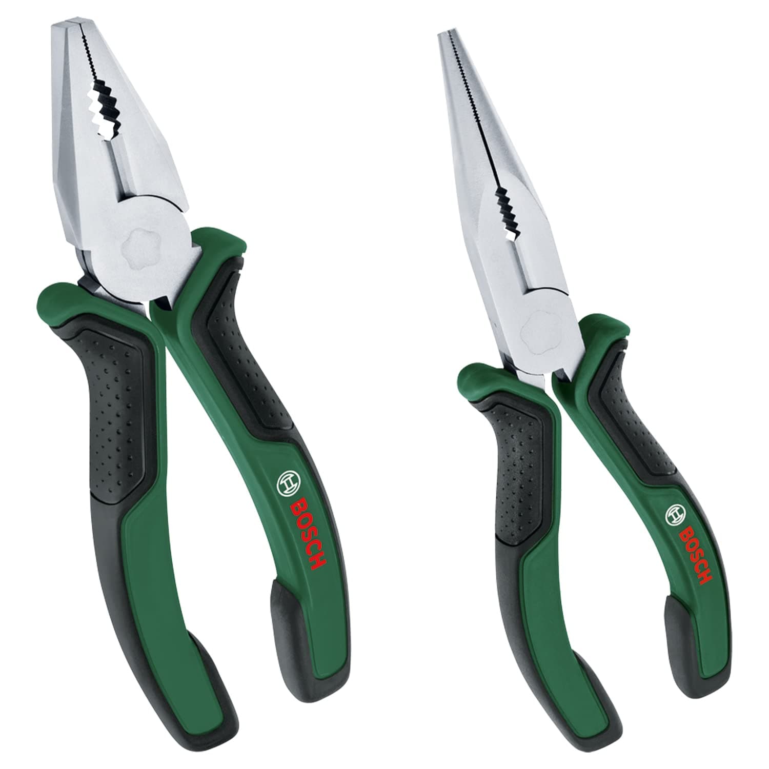BOSCH 2-Piece Pliers Set - Features Combination & Long-Nose Pliers, Ergonomic Design, Durable Matt Chrome-Nickel Plating, Precision Grip, Long-Lasting for Robust Multitasking