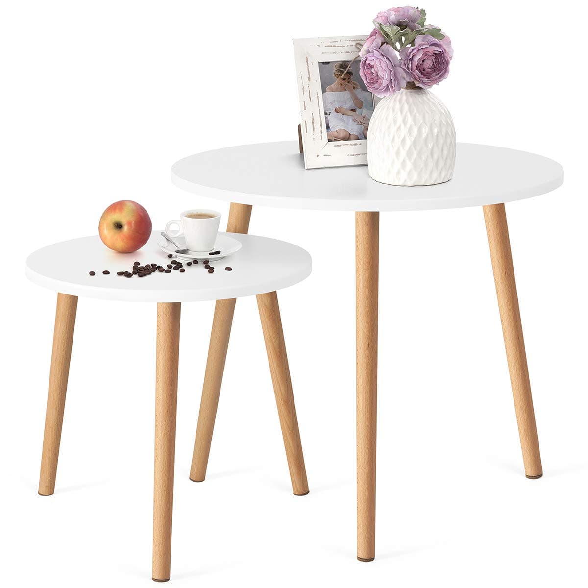 COMIFORT End Tables - Nordic Style Coffee Tables, Modern and Stylish, Very Durable, Set of 2 Round Tables, White and 100% Natural Beech