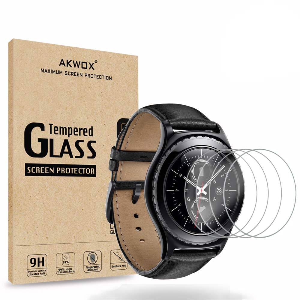 AKWOX (4-Pack) Tempered Glass Screen Protector for Gear S2 / Samsung Galaxy Watch (42 mm), [0.3mm 2.5D High Definition 9H] Clear Screen Protector for Samsung Gear S2 Frontier/Classic/Gear Sport