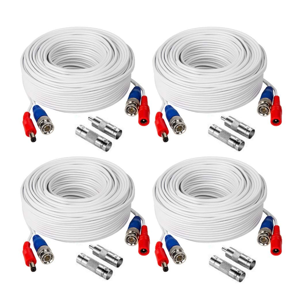 4 Pack 100FT (30.5 Meters, White) All-in-One BNC Video and Power Security Camera Cables, BNC Extension Surveillance Camera Cables for CCTV Camera DVR Security Systems