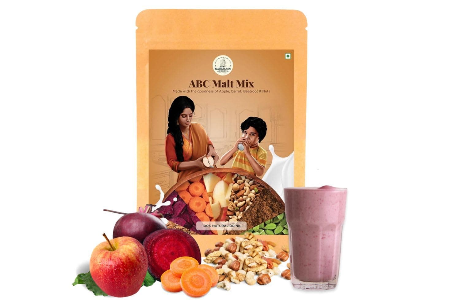 ABC Malt Mix | 500G |Apple, Beetroot, Carrot | No Preservatives | Zero White Sugar | Ready-to-Mix | Almond, Cashew, and Cardamom |Homemade & No Preservatives| Malt-Based Nutritional Mix | Natural Drink for Kids, Adults, Elders (500gms)