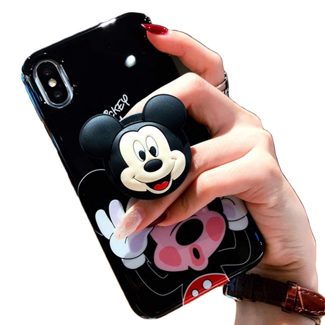 3D Cute Cartoon Soft Silicone Protector Case Gel Shockproof Phone Cover & Hand Holder Bracket Stand ~ Estuche Fundas Cobertor (Mickey, iPhone Xs MAX 6.5")