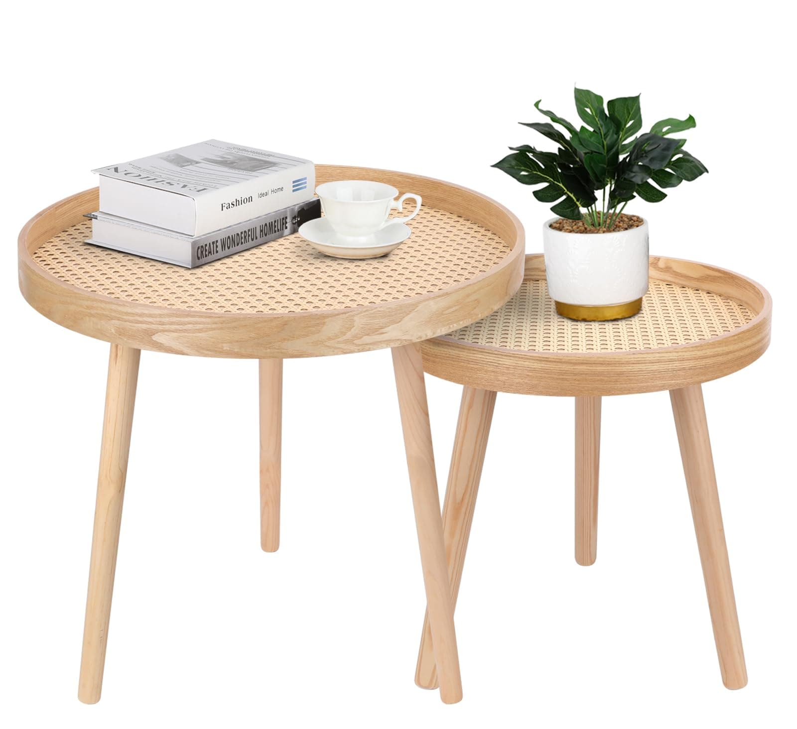 Natural Boho Mid Century Modern Rattan Coffee Table Set of 2, Small Side Tables for Living Room, Bedroom, Office