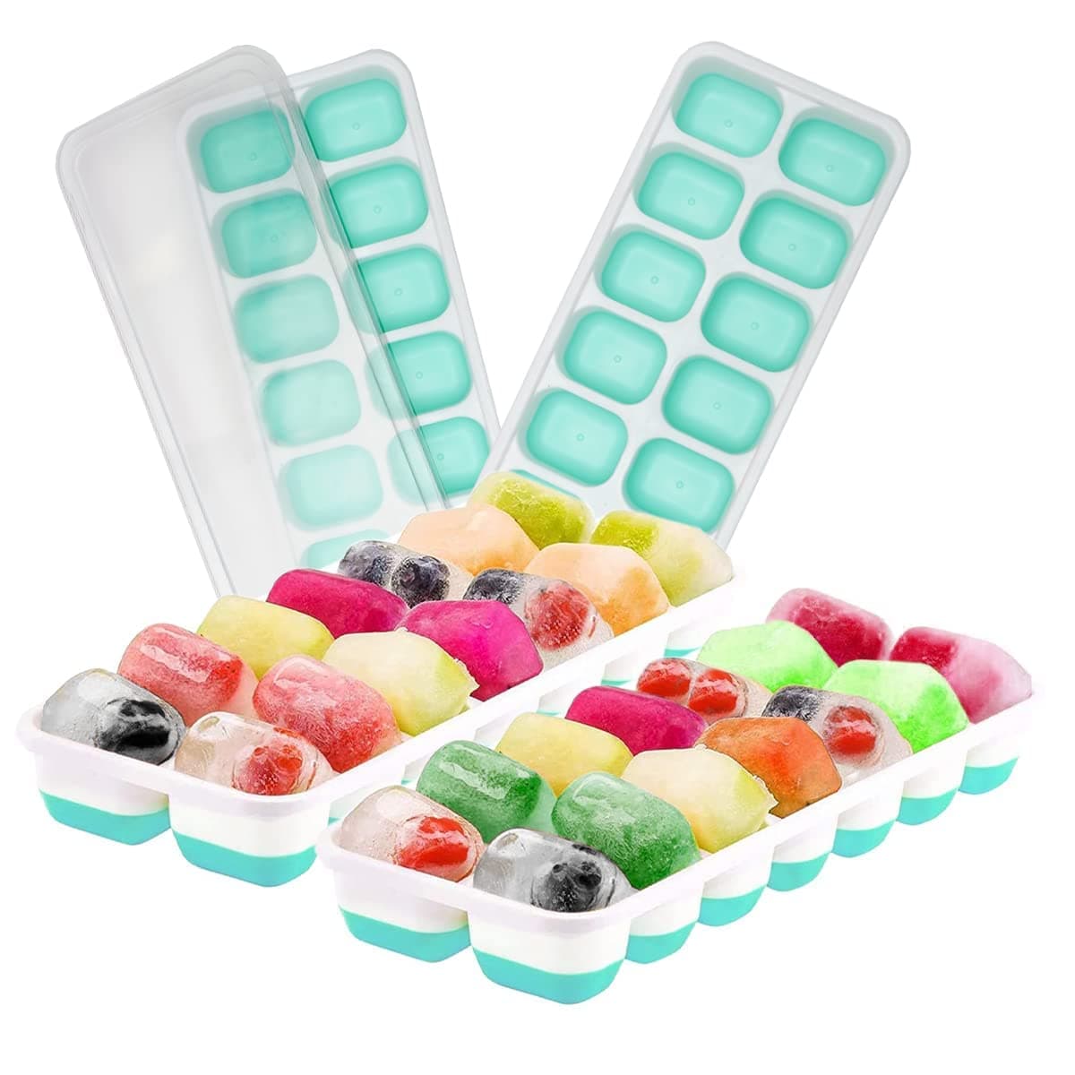 4 Pack Ice Cube Tray with Lid for Freezer - BPA Free Silicone Ice Cube Trays - Stackable Easy Release Ice Cube Moulds for Chilled Juices and Drinks (56 Ice Cubes)