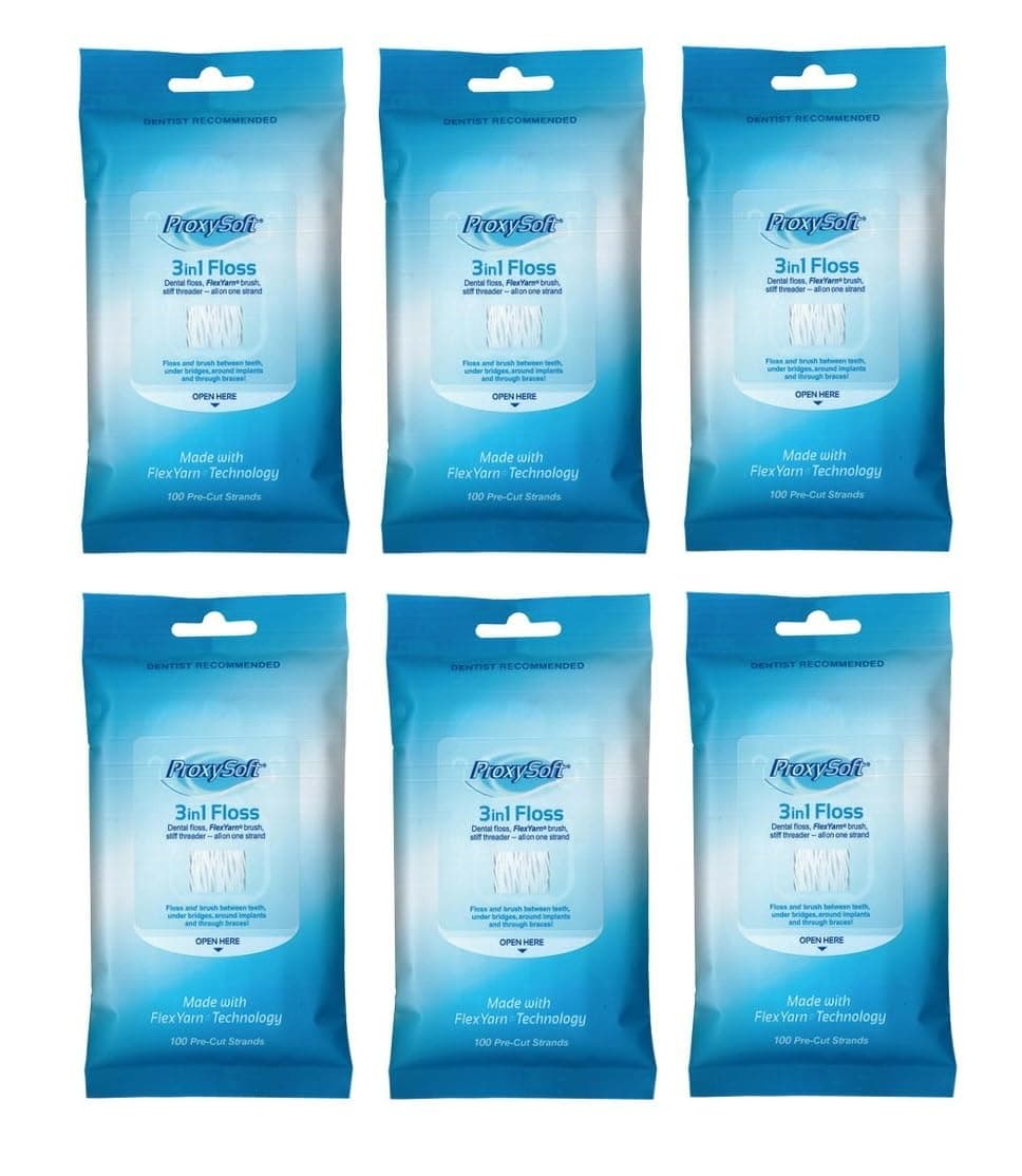 Dental Floss for Optimal Teeth Flossing vs Traditional Flossing, Pre-Cut Floss Threaders for Flossing with Built-in Soft Proxy Brush and Stiff Yarn Threader, 3-in-1 Dental Floss by ProxySoft (6 Packs)