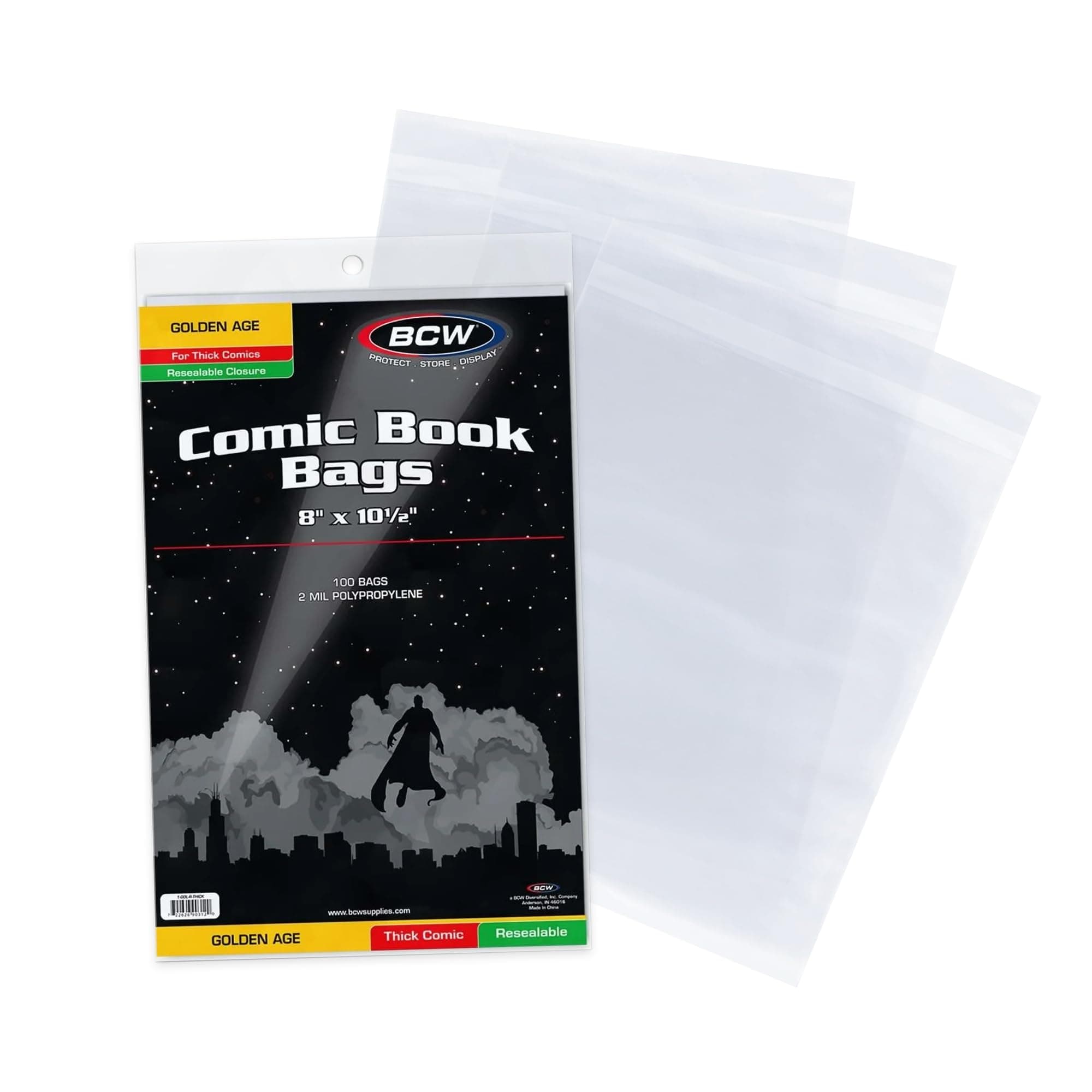 BCW Thick Resealable Golden Age Comic Bags - 100 Pack | Crystal Clear, Acid-Free Protection, Polypropylene Sleeves | Comic Bags for Secure Storage of Standard Golden Comics Collection