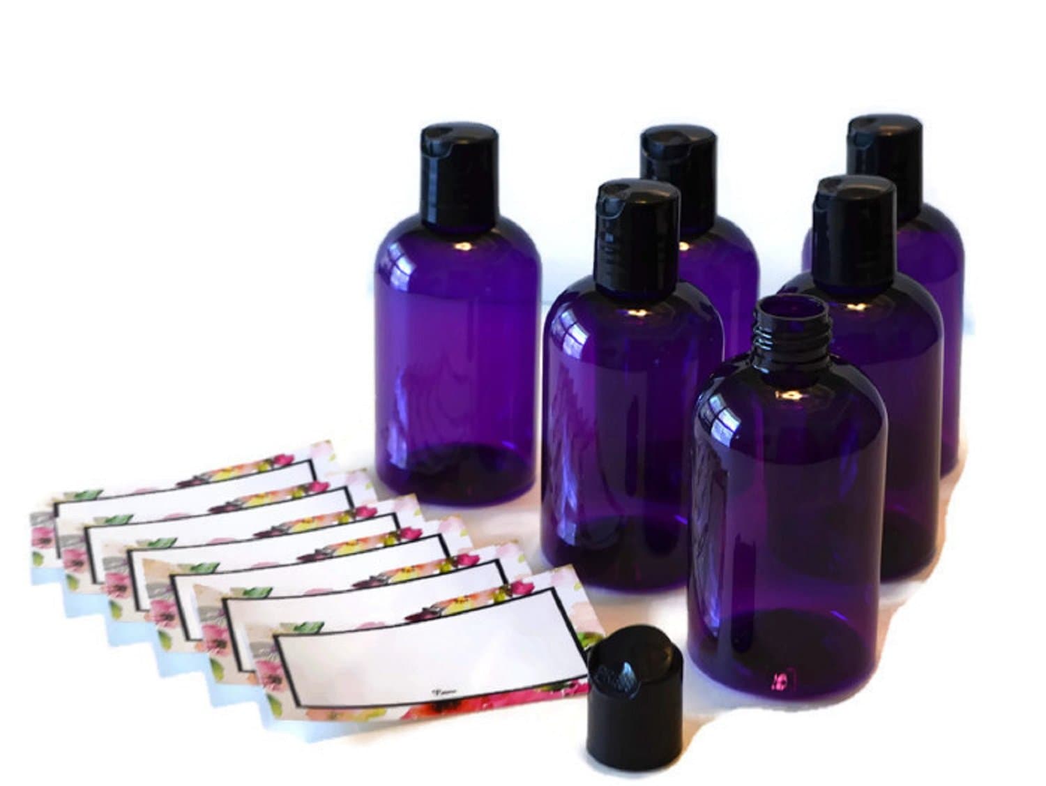 BAIRE BOTTLES - 4 oz PURPLE PLASTIC REFILLABLE BOTTLES with BLACK FLIP DISC CAPS-TRAVEL or GIFTING Personal Care Products-LIGHT BLOCKING PURPLE, PET, BPA Free - 6 Pack,BONUS 6 FLORAL LABELS