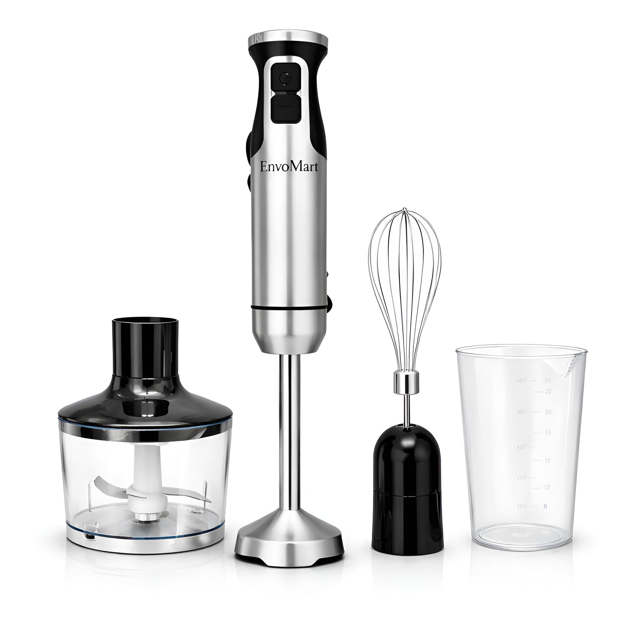 800W 4-in-1 Powerful Hand Blender Immersion Stick Mixer with Stainless Steel Titanium Coated Blade,2 Speed Control 860ml Chopper Bowl 600ml Beaker Whisk Electric Smoothie Soup Baby Food Maker