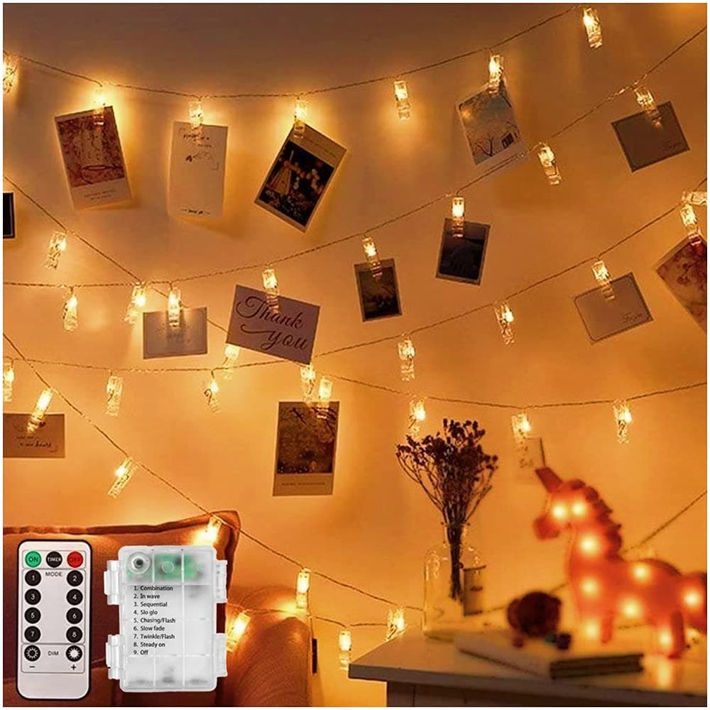CADNLY String Lights with Clips - 50 LED Photo Clips String Lights for Bedroom Wall Display Polaroid Hanging Pictures - Fairy Lights Clips Dorm Room Decor - Picture Hanger Holder Battery Operated