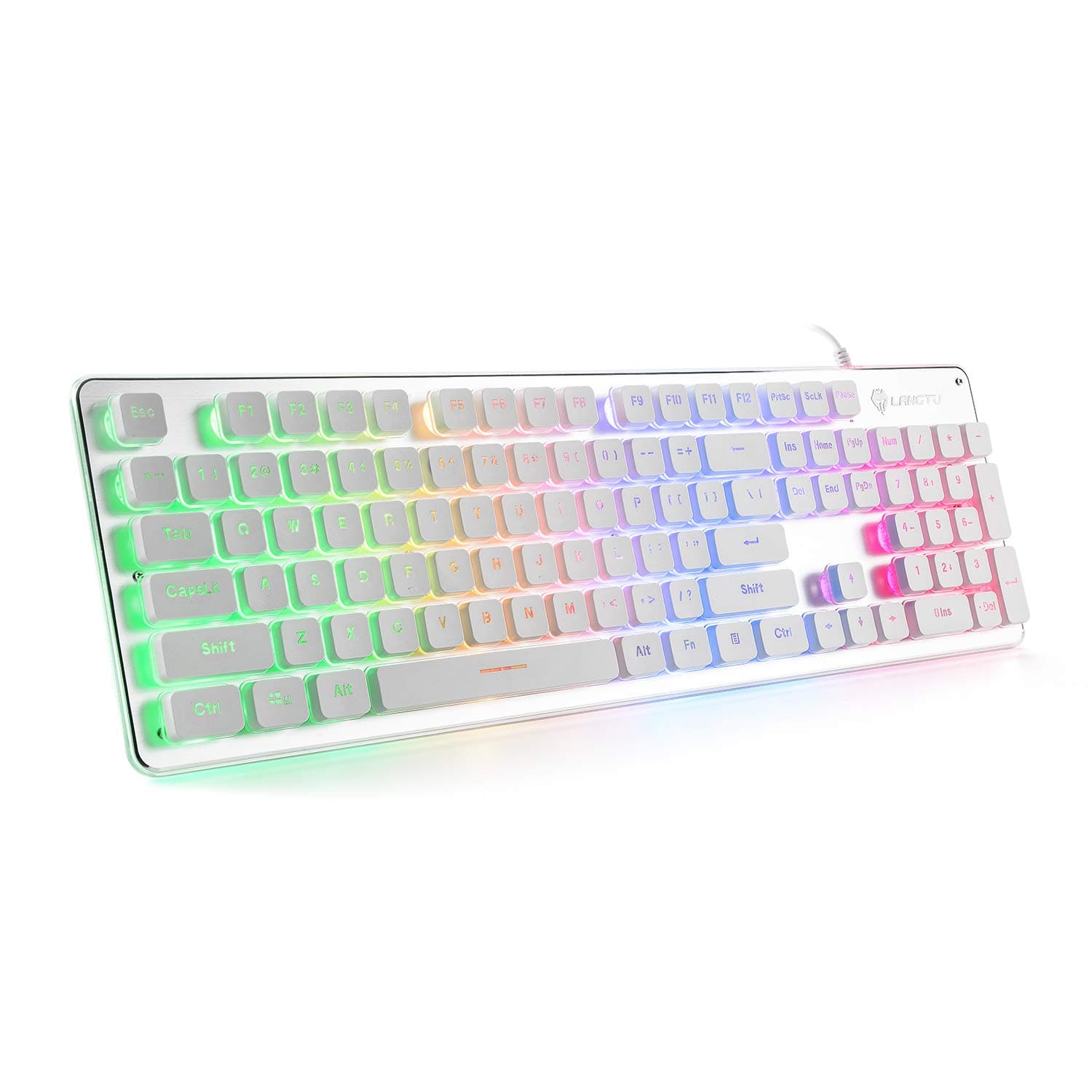 LANGTU Membrane Gaming Keyboard Rainbow LED Backlit Quiet Keyboard for Office USB Wired All-Metal Panel 25 Keys Anti-ghosting Computer Keyboard 104 Keys - L1 White/Silver