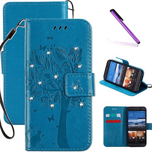 HTC One M9 Wallet Case, LEECOCO Embossed Floral 3D Handmade Bling Crystal Diamonds Butterfly with Card Slots Magnetic Flip Stand PU Leather Wallet Case for HTC One M9 Wishing Tree Blue