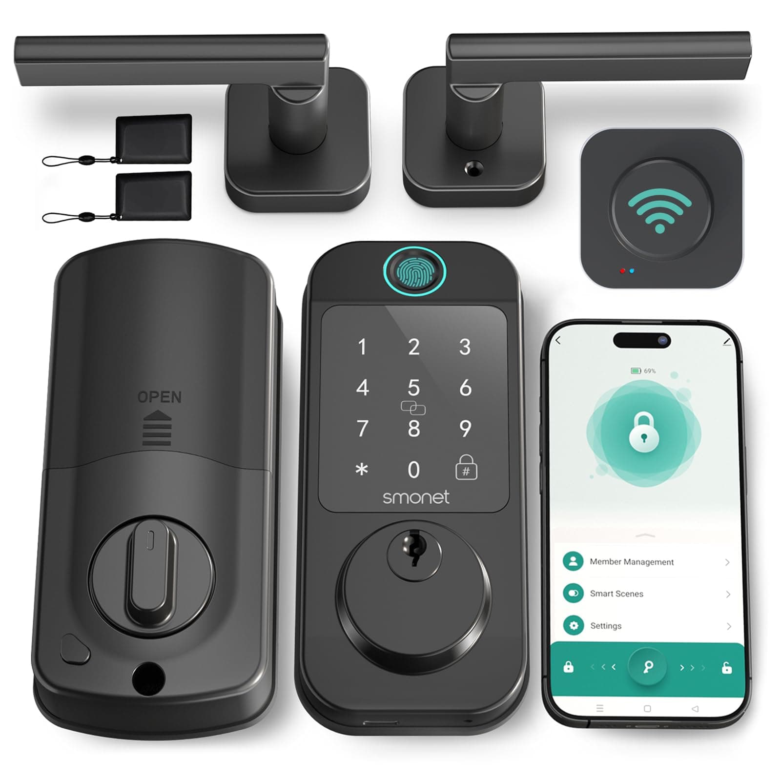 Keyless Door Lock with Handle Set - WiFi Fingerprint Smart Locks for Front Door, App Remote Control, Digital Bluetooth Keypad Deadbolt Lock Set with Alexa, Auto Lock, Code, Fobs for Home Black