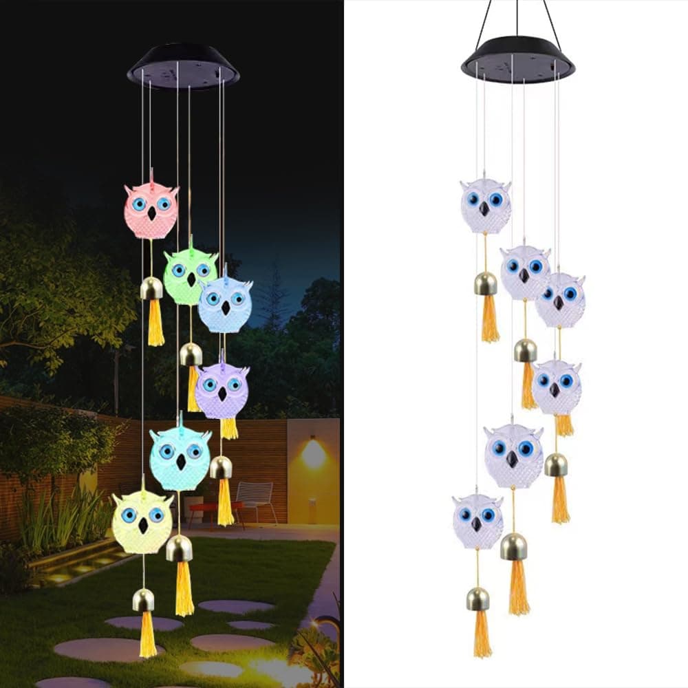 Cute Solar Owl Wind Chime Decorative Light，Animal Wind Chimes with Bells， A Gift for Friends with Movable LED Colorful Outdoor Decorative Lights.