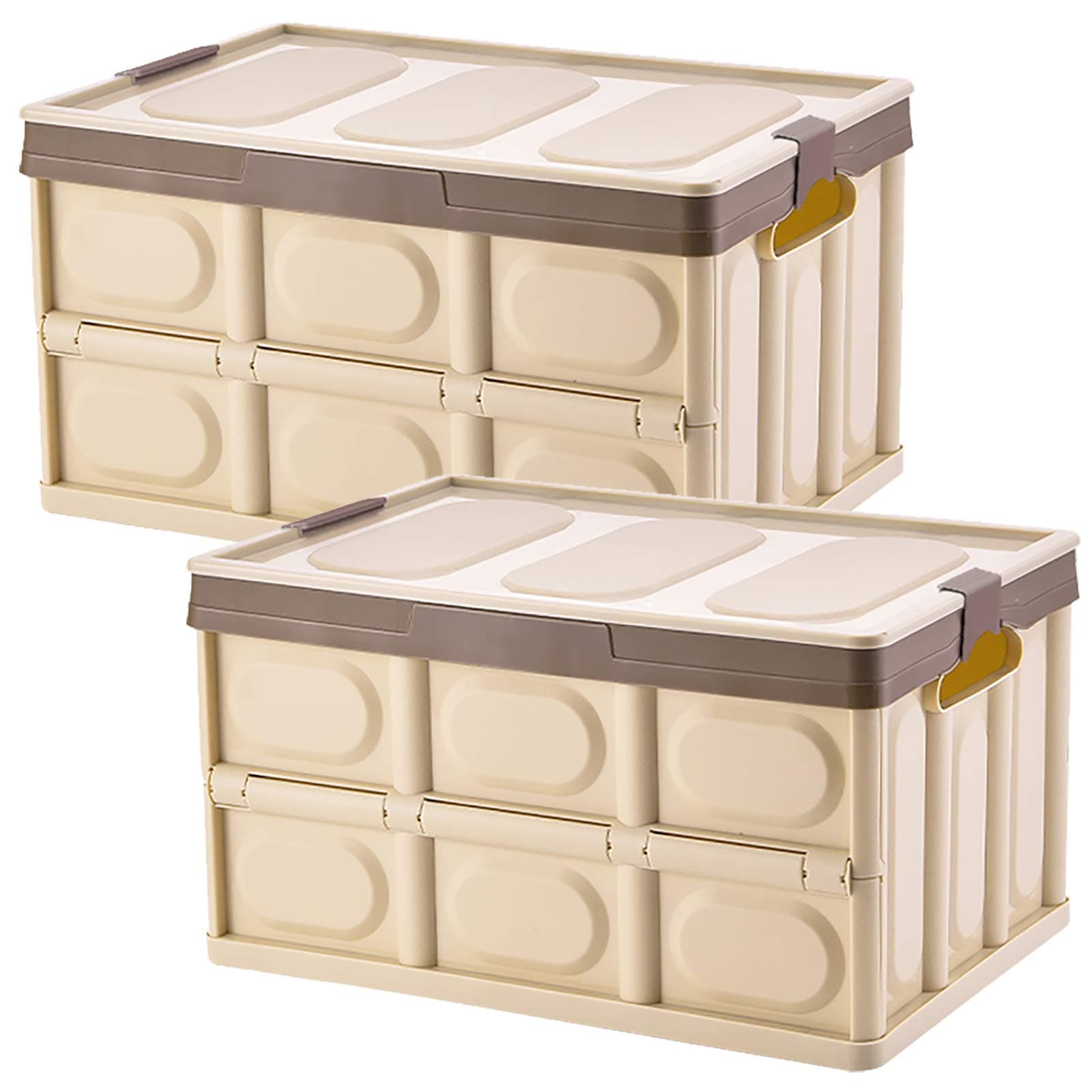30L Foldable Storage Box with Plastic Lid for Clothes, Toys, Books, Food, Shoes and Grocery (2 Pack) (Khaki)
