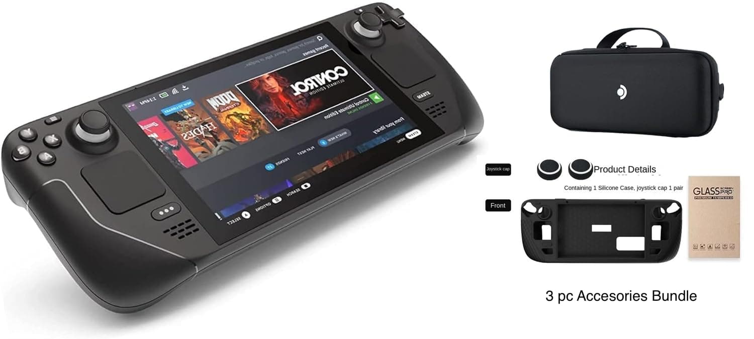 Valve Steam Deck 1TB Upgraded Handheld Gaming Console with Carring case, 1280 x 800 LCD Display Silicone Soft Cover Protector & Joystic Cap & Tempered Glass Film Bundle