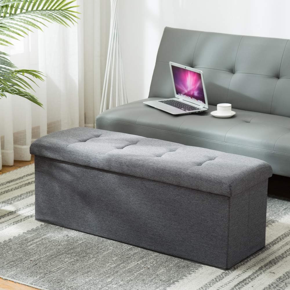 EXQUI Folding Storage Ottoman Bench Extra Padded Foldable Storage Box Linen Toy Storage Chest with Removable Lid for Living Room, Bedroom, Dark Grey, 109x38x38cm, BML109-GRY