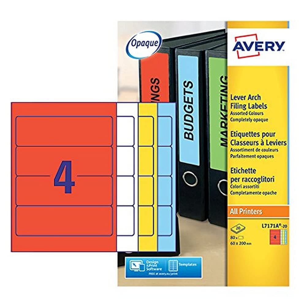 AVERYL7171A-20 Printable, Customisable Assorted Colours Lever Arch File Labels, 4 Labels Per A4 Sheet, 80 Labels Per Pack