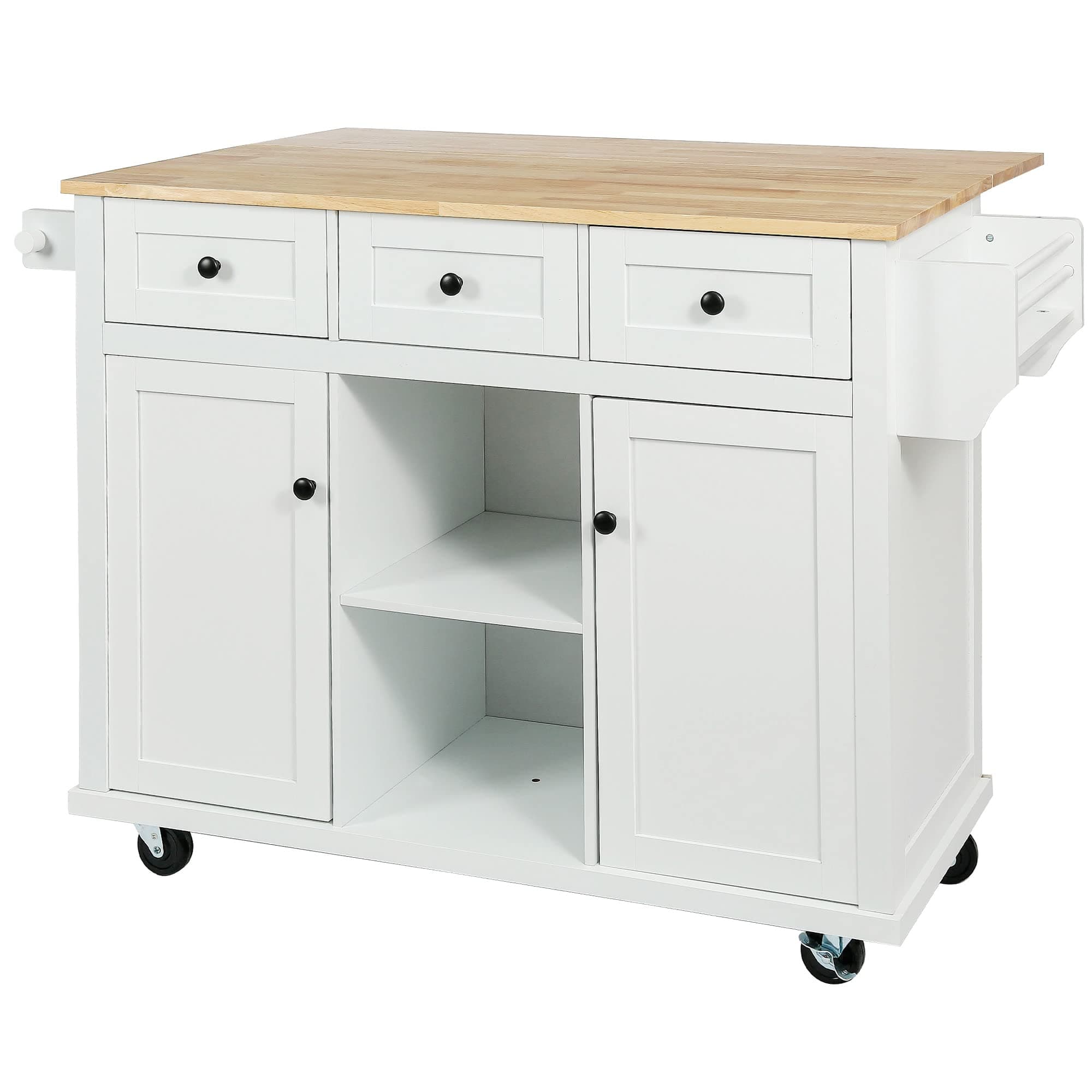 LUMISOL Rolling Kitchen Cart with Drop Leaf, Kitchen Island on Wheels with 3 Drawers and 2 Cabinets, Wood Portable Table with Door Storage Racks, for Dinning Room Living Room, White