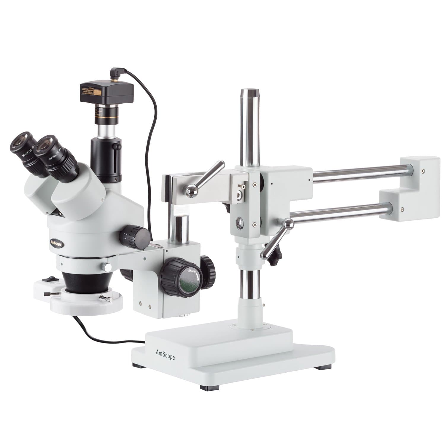 AmScope 3.5X-45X Simul-Focal Boom Stereo Microscope with a Fluorescent Light and 1.3MP Camera