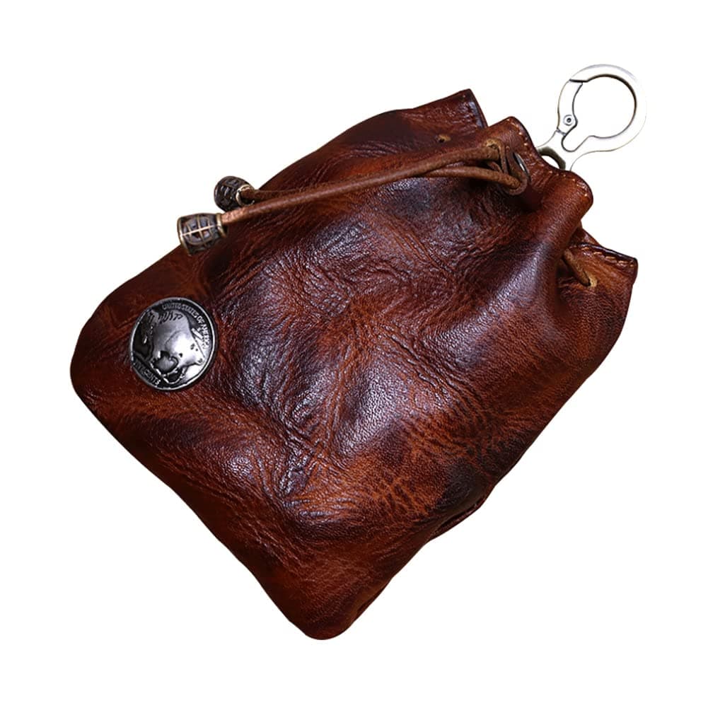 1 Pcs Leather Mini Medieval Pouch Keychain, Coin Organizer, Change Holder, Leather Drawstring Pouch for Men & Women