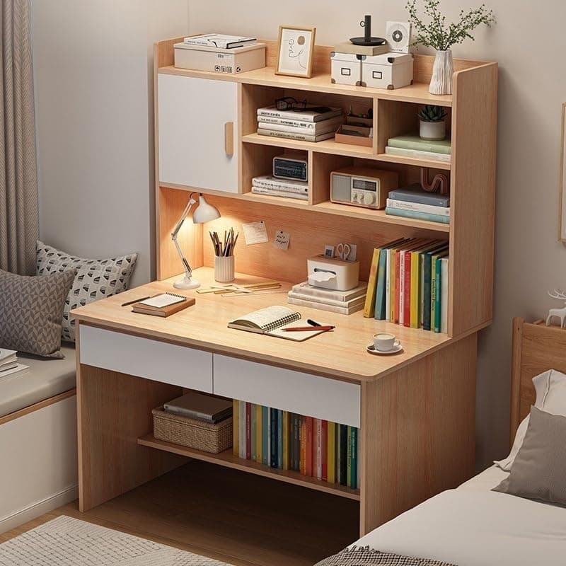 LITFAD Modern Computer Desk Work from Home Desk with Hutch, Bookcase and Integrated Cable Management, Rectangular Wood Office Desk 2 Drawers, 31.5" L x 17.7" W x 59.8" H, Natural