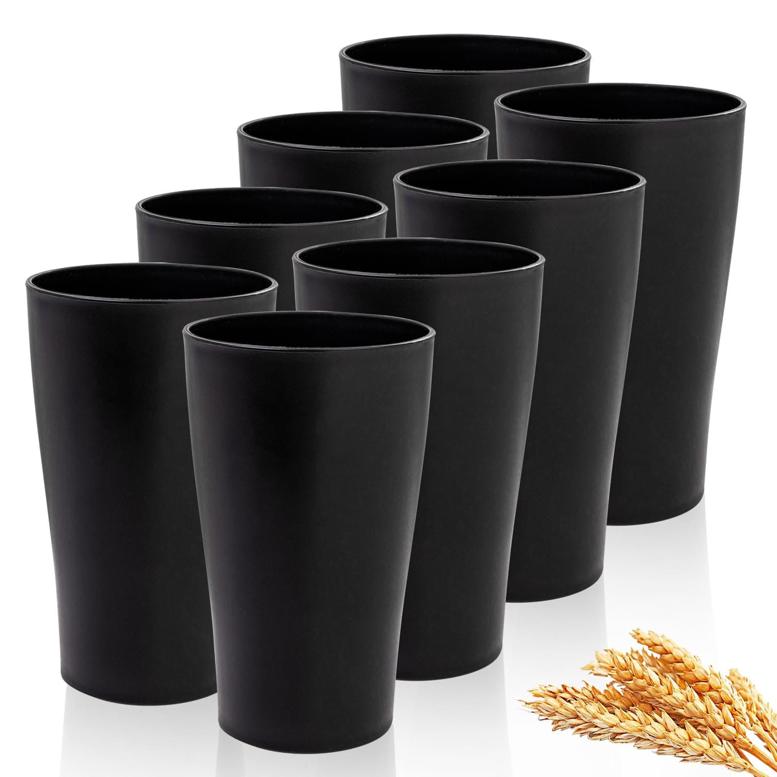 EI 8pcs Black Wheat Straw Cups,Drinking Glasses Premium Wheat Straw Unbreakable Cups,Chip Resistant Cups,Plastic Reusable Cups,Large Cups for Kitchen,Dishwasher Safe Water Glasses Tumblers